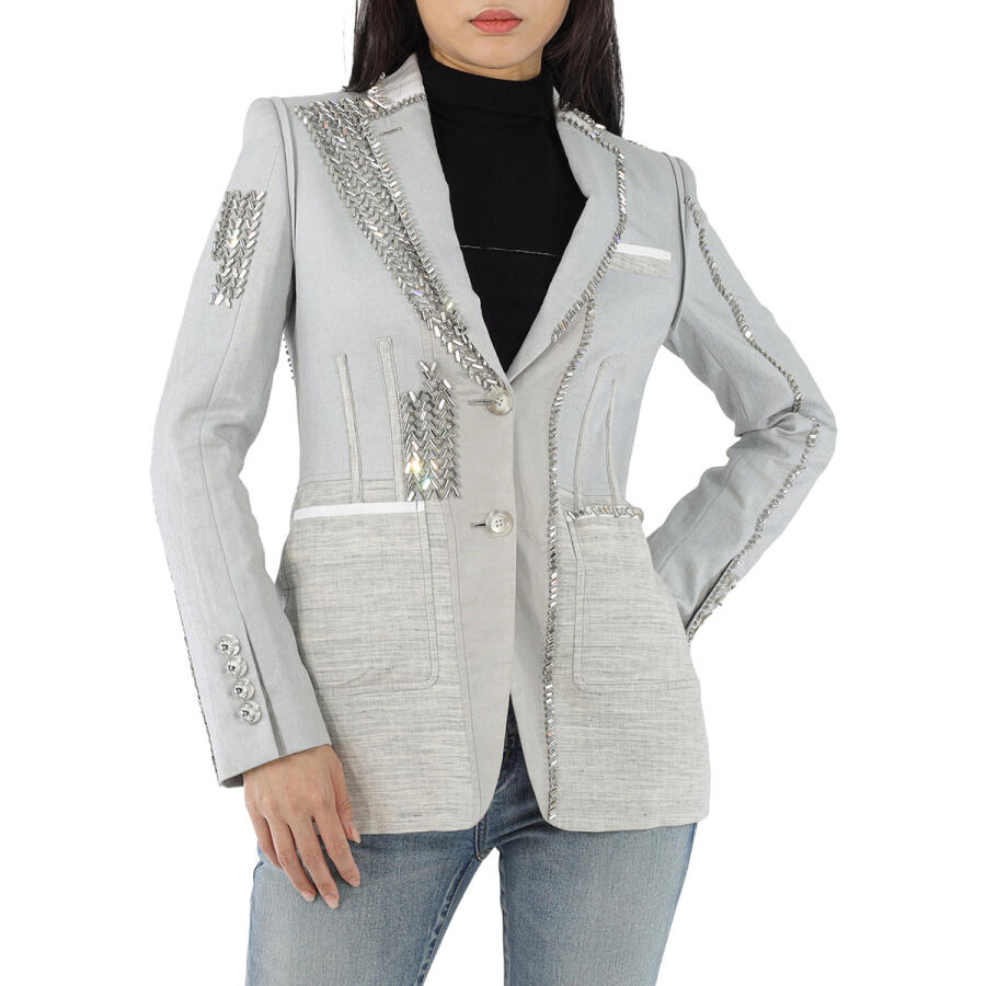 Burberry Ladies Grey Melange Technical Linen Blazer with Crystal Embroidery Cover