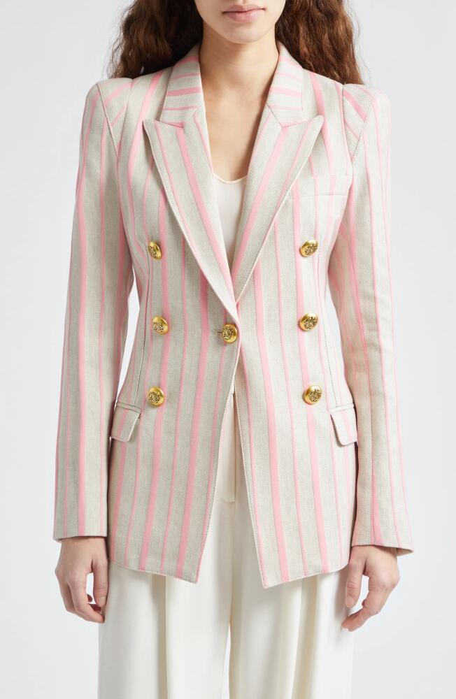 Smythe Pagoda Stripe Faux Double Breasted Cotton & Linen Blazer in Stone Rose Cover