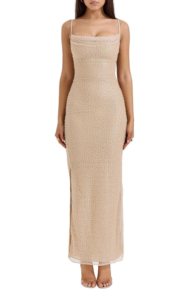 HOUSE OF CB Calla Beaded Mesh Overlay Gown in Bleached Sand Cover