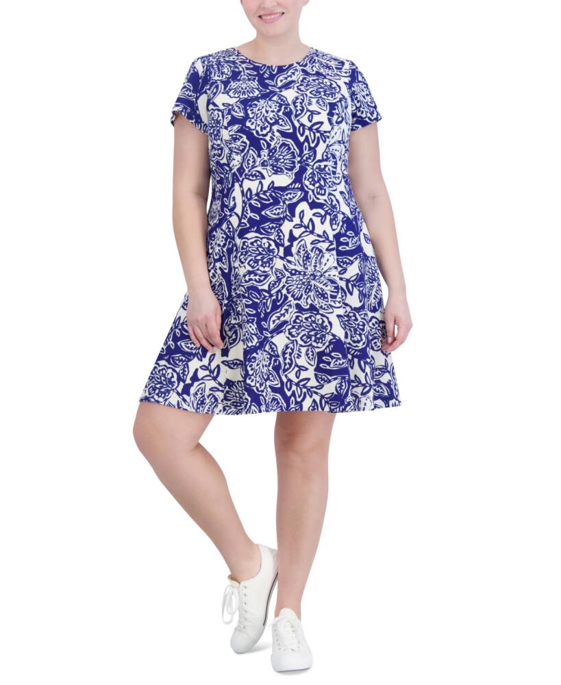 Jessica Howard Plus Size Printed Short-Sleeve Fit & Flare Dress - Cobalt Cover