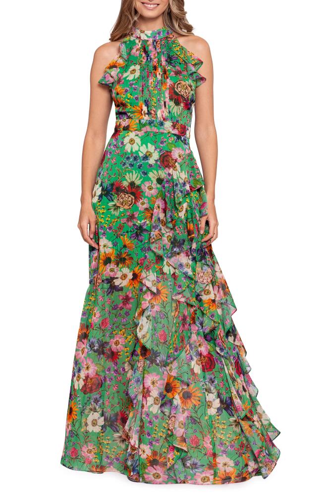 Betsy & Adam Floral Print Ruffle Chiffon Gown in Green Cover