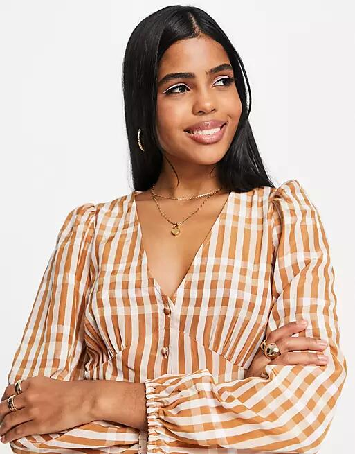 & Other Stories v neck blouse in beige check print-Neutral Cover