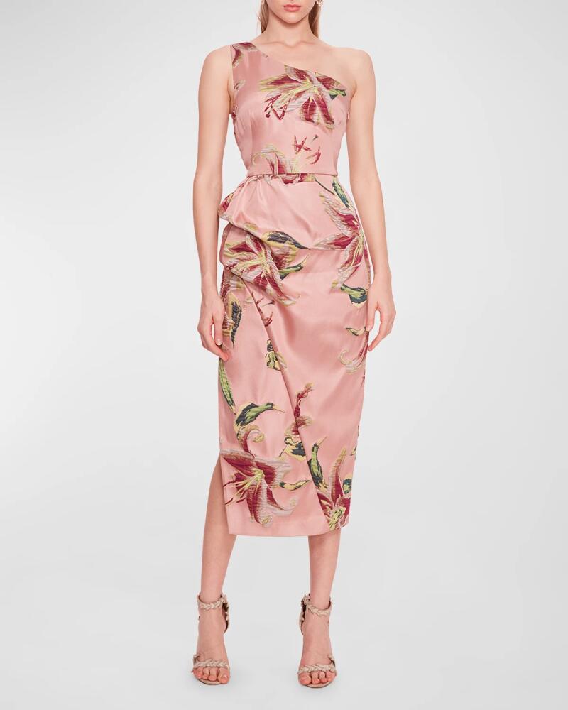 Marchesa Notte Draped One-Shoulder Floral Jacquard Midi Dress Cover