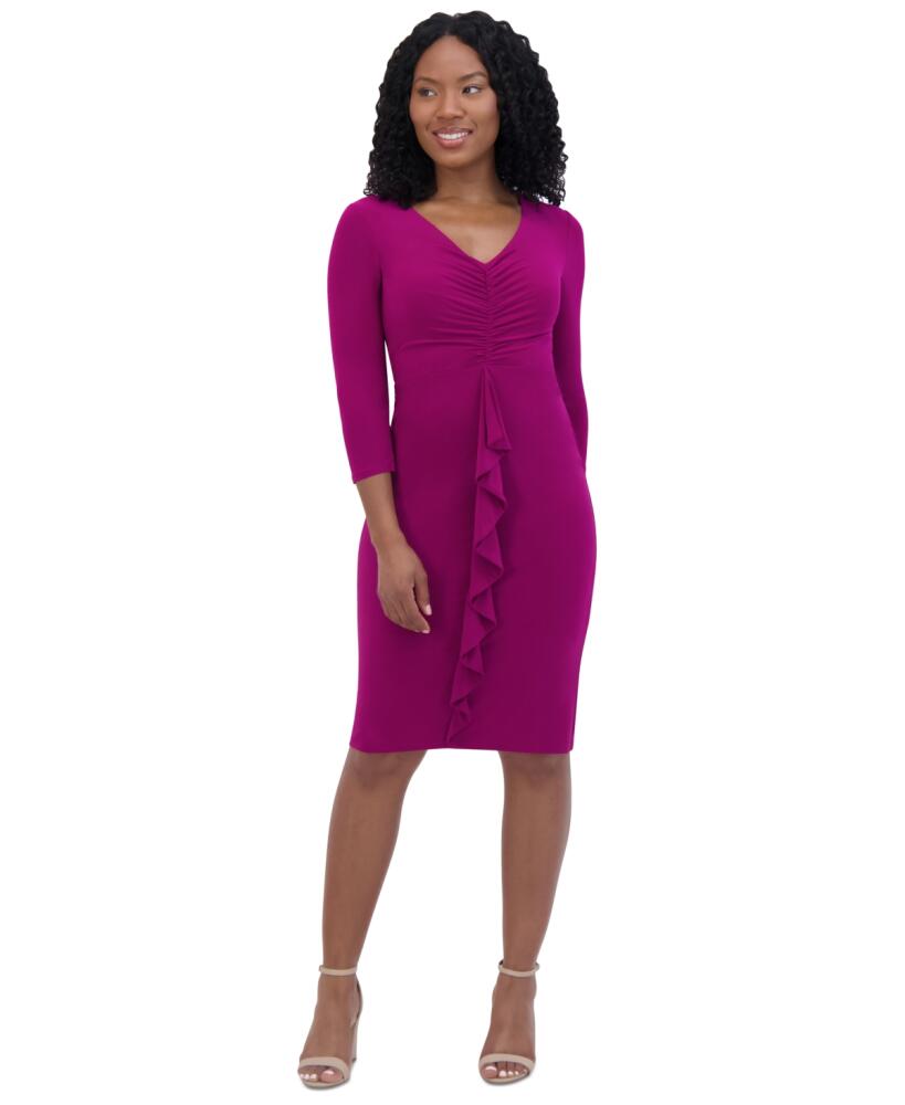 Jessica Howard Petite Ruched Ruffled Sheath Dress - Magenta Cover