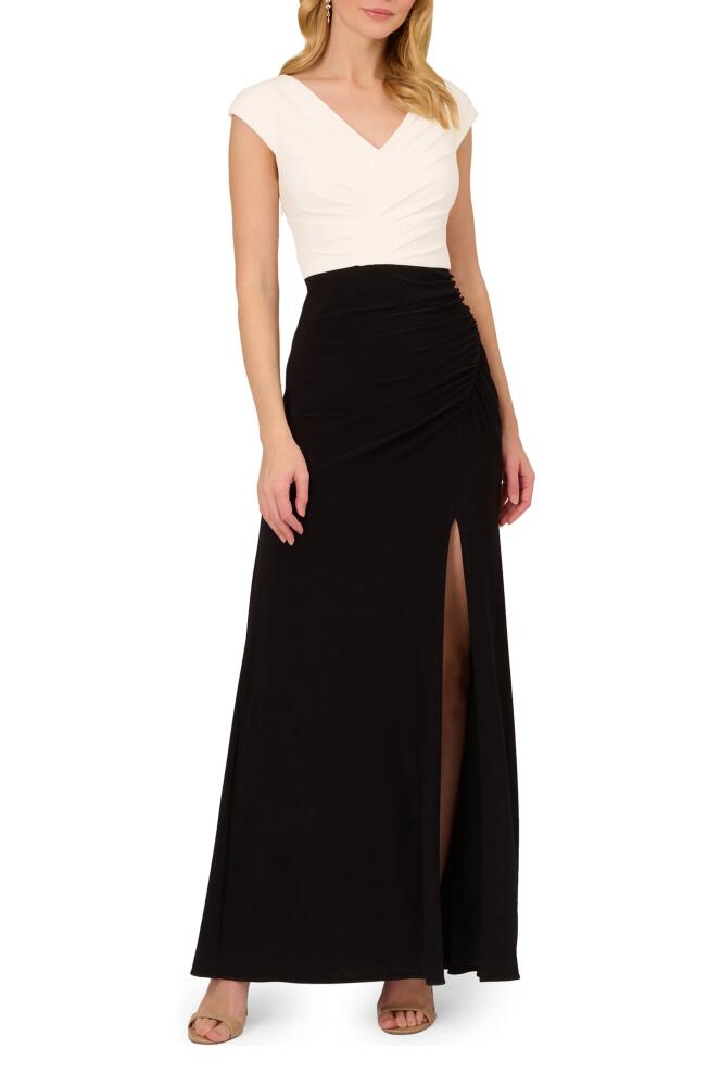 Adrianna Papell Pleated Cap Sleeve Gown in Black/Ivory Cover