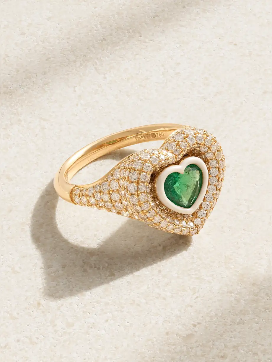 Kamyen - 18-karat Gold, Enamel, Diamond And Emerald Ring - Green Cover