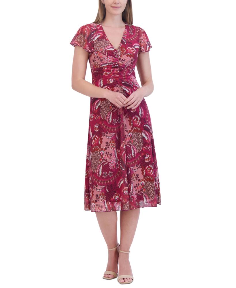 Jessica Howard Women's Printed V-Neck Ruched Midi Dress - Wine Multi Cover