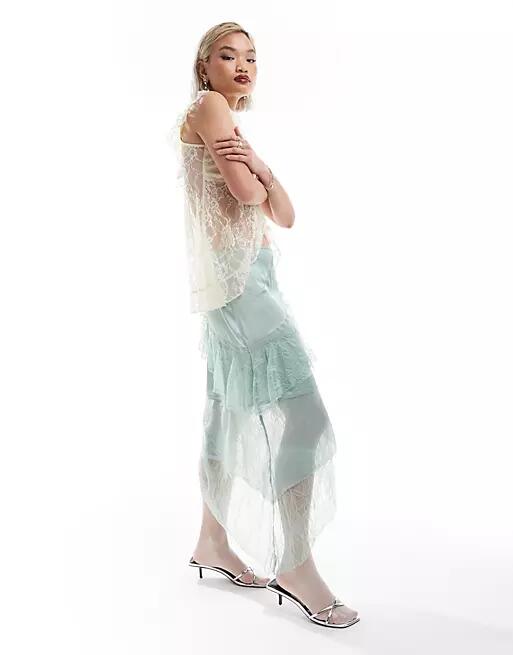 Reclaimed Vintage limited edition midi slip skirt with lace and frill details in mint green Cover