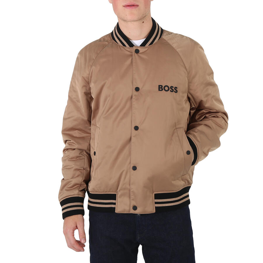 Hugo Boss Mens Medium Beige Stripes And Branding Satin Bomber Jacket Cover