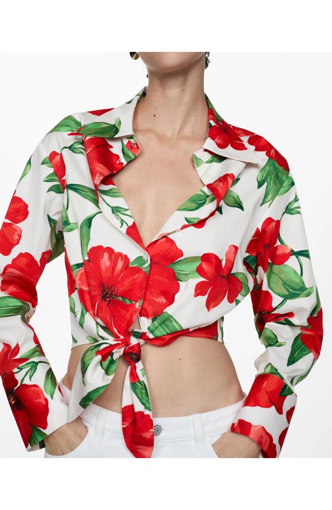 MANGO Floral Tie Front Crop Button-Up Shirt in Red Cover