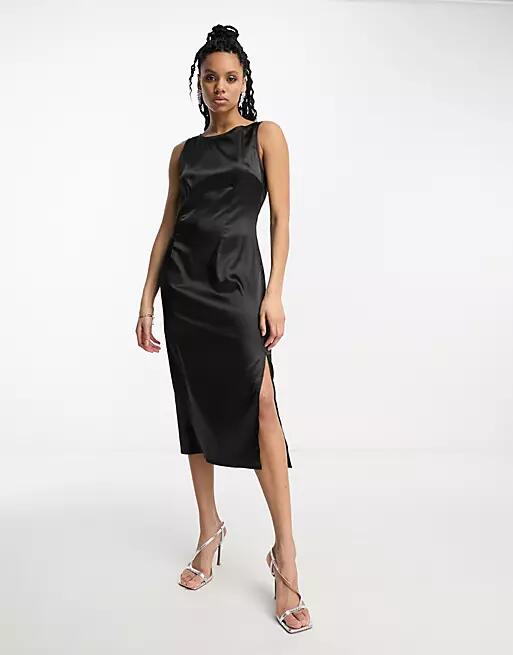 Urban Threads satin midi dress with slit in black Cover