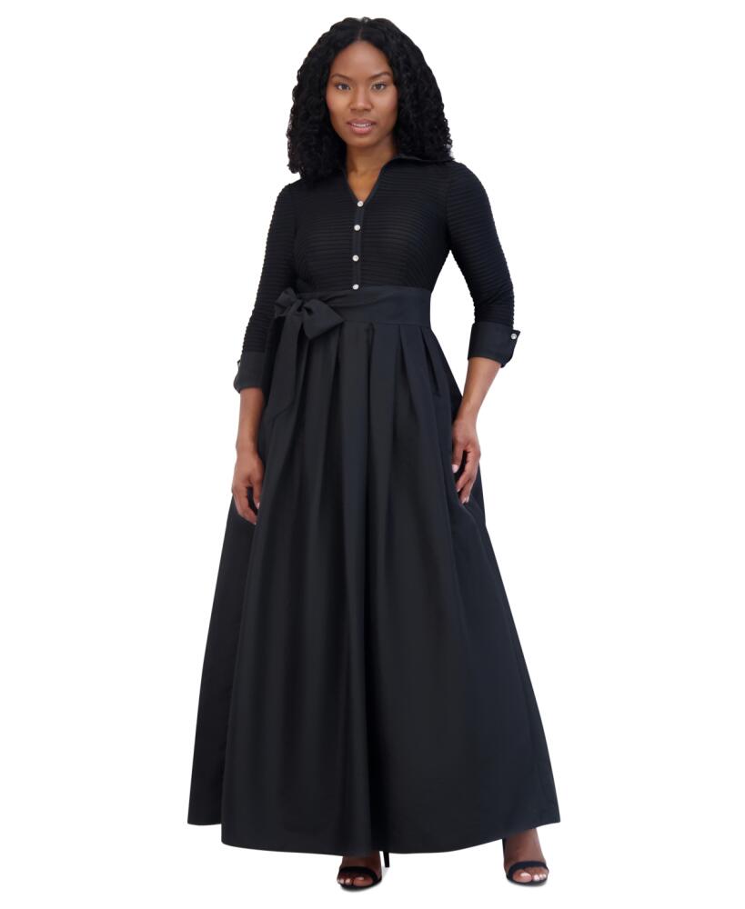 Jessica Howard Petite Mixed-Media Tie-Waist Ball Gown - Black Cover