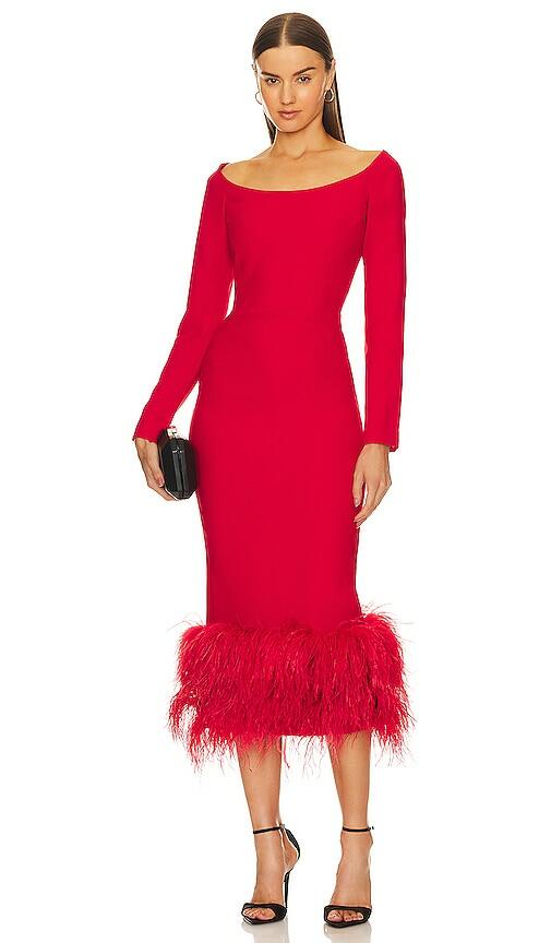 RASARIO Feather Midi Dress in Red Cover