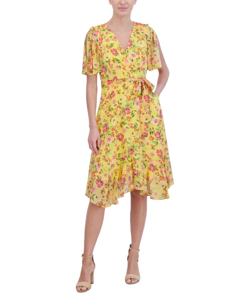 Jessica Howard Women's Floral Chiffon Split-Sleeve Dress - Yellow Orange Cover