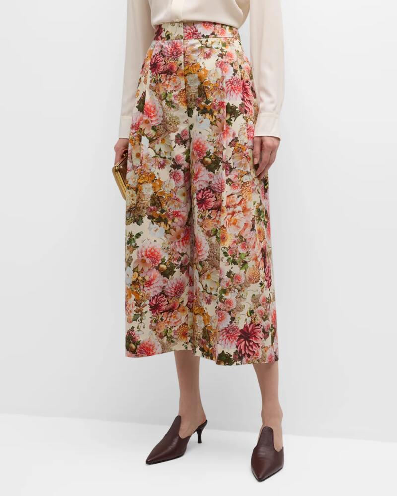 Adam Lippes Floral-Print Poplin Pleated Wide-Leg Ankle Pants Cover