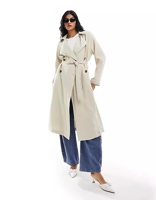 ASOS DESIGN soft midi trench coat in stone-Neutral Cover