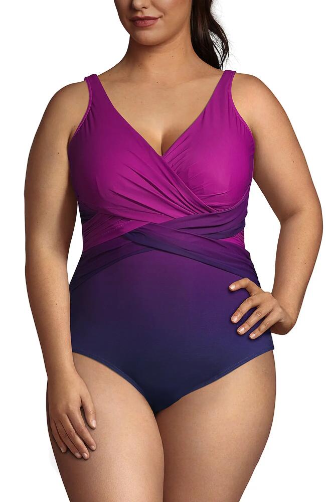 Lands' End Plus Size SlenderSuit Tummy Control Chlorine Resistant Wrap One Piece Swimsuit in Violet Rose/navy Ombre Cover