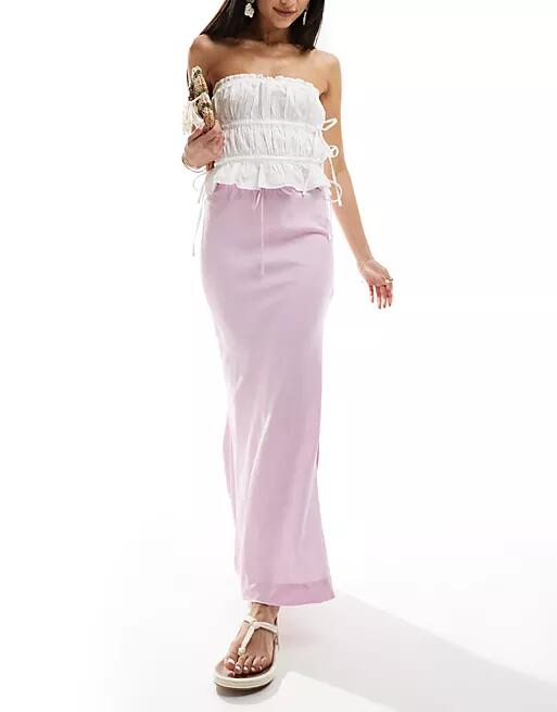 Bershka tie waist linen mix maxi skirt in pink Cover