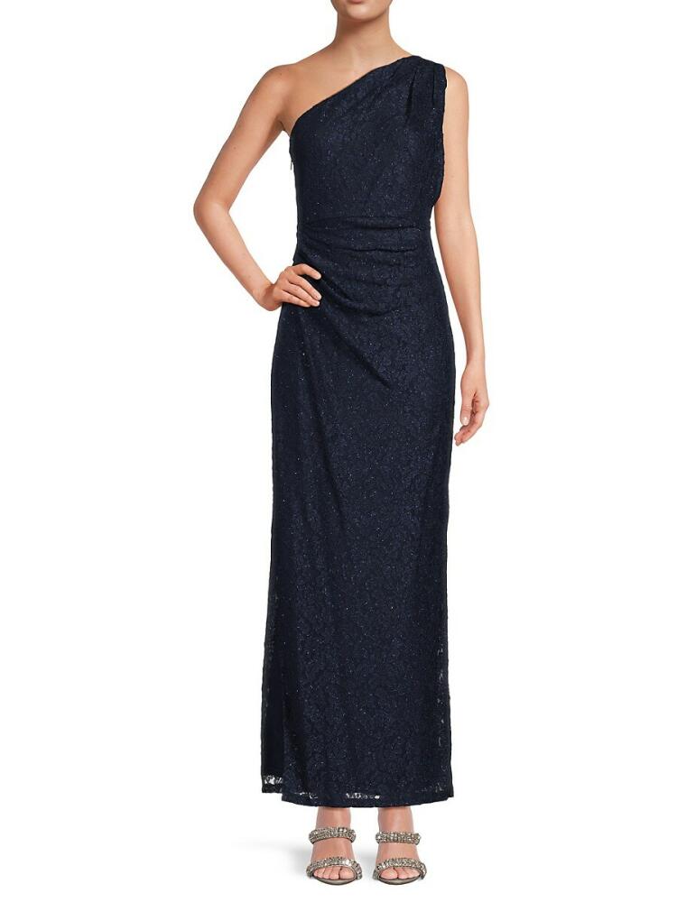 Marina Women's Metallic Ruched One Shoulder Gown - Navy Cover