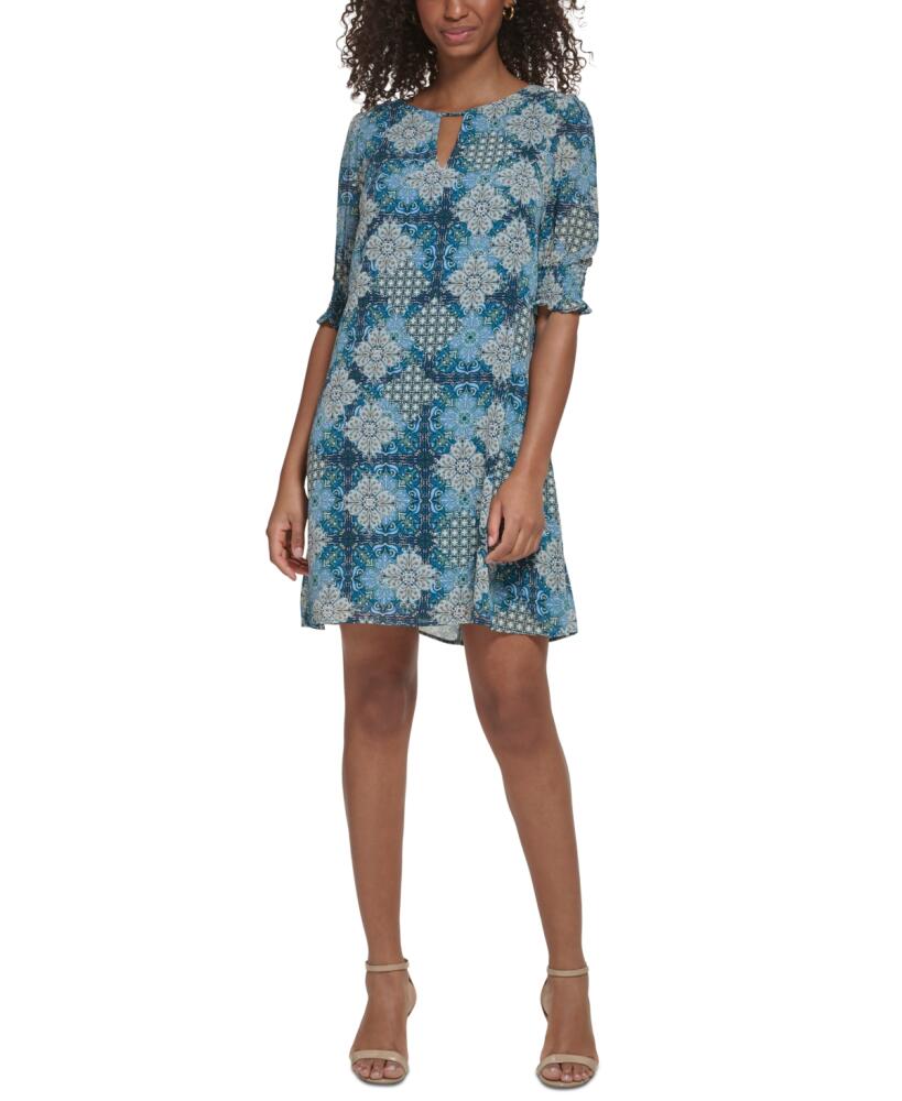 Jessica Howard Women's Printed Elbow-Sleeve A-Line Dress - Teal Cover