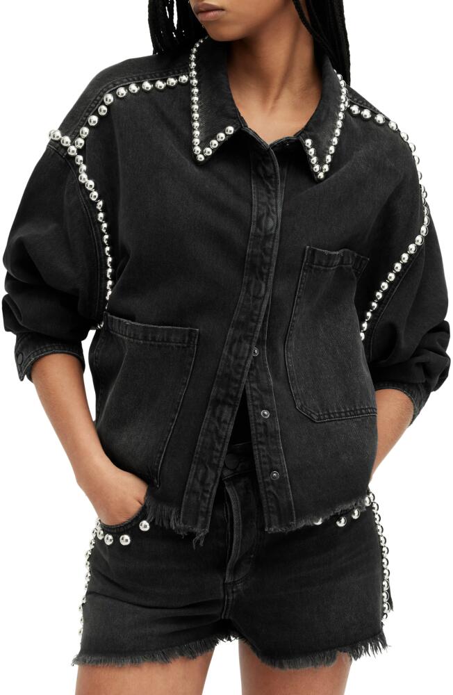 AllSaints Nicky Stud Raw Hem Denim Shirt Jacket in Washed Black Cover