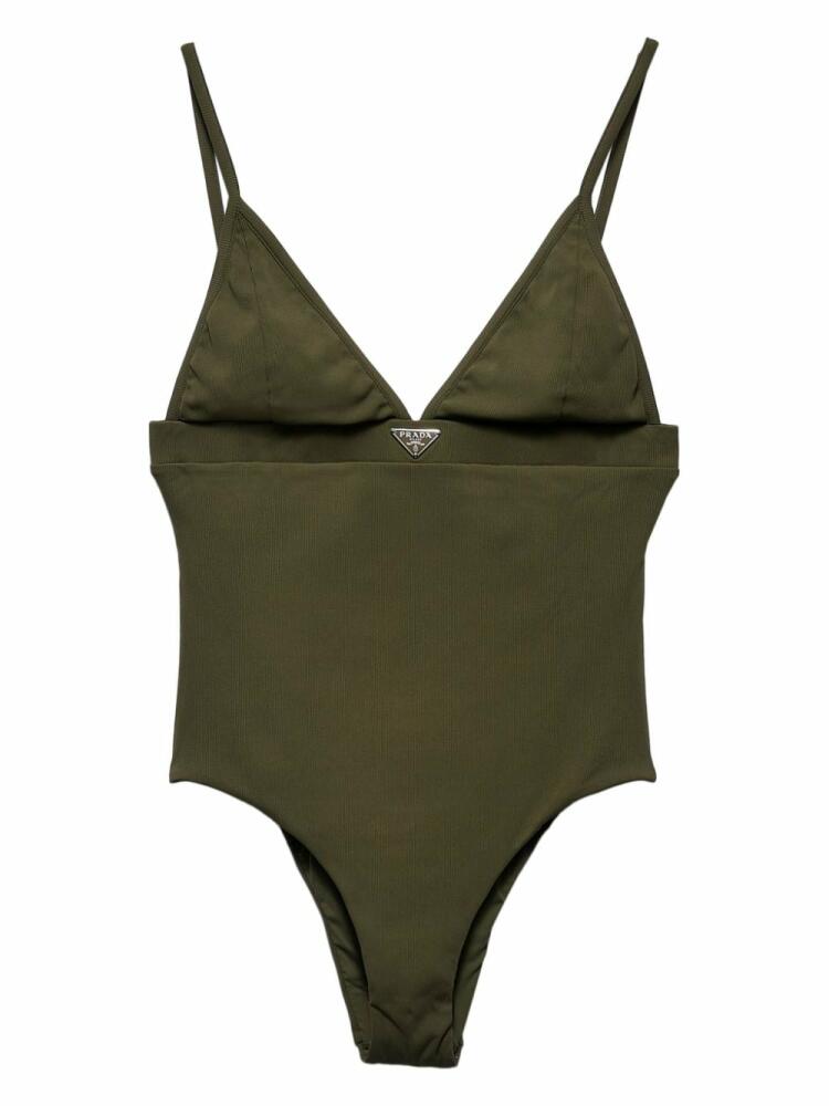 Prada logo-triangle fine-ribbed swimsuit - Green Cover