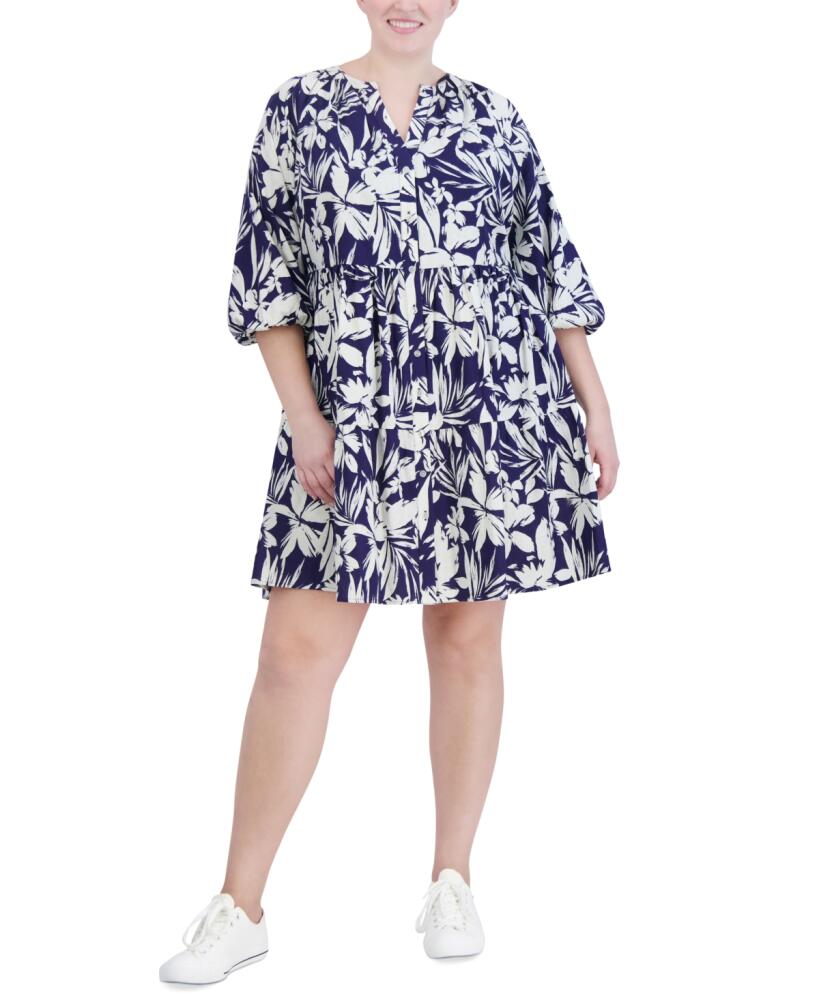 Jessica Howard Plus Size Printed Button-Front A-Line Dress - Navy/White Cover