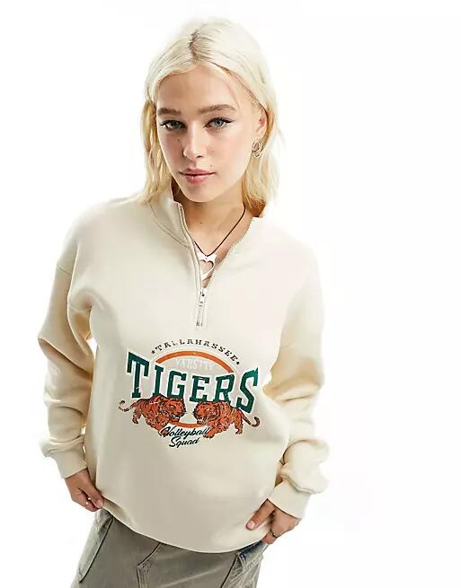 Daisy Street quarter zip sweatshirt in stone with Tigers graphic-Neutral Cover