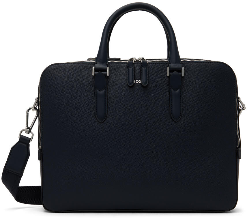 BOSS Navy Structured Leather Briefcase Cover