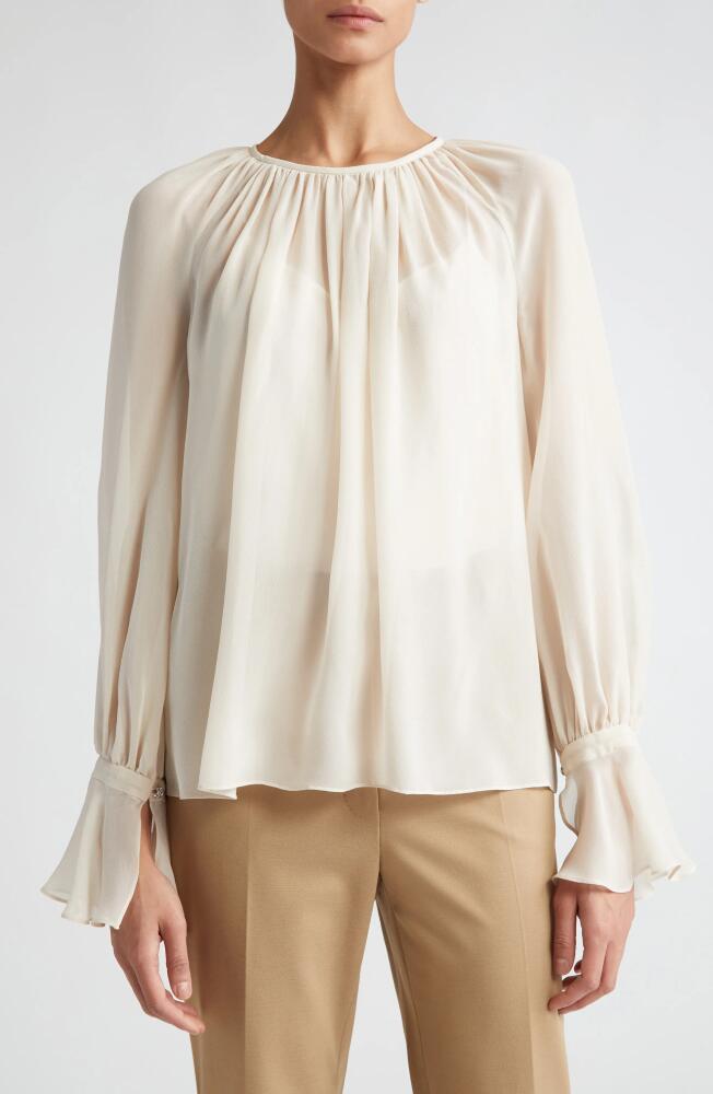 Max Mara Studio Yelina Semisheer Bell Sleeve Bow Back Silk Georgette Top in Beige Cover