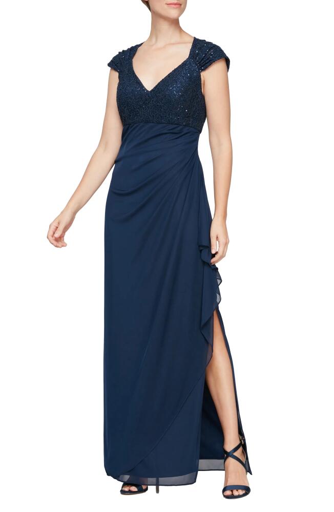 Alex Evenings Cap Sleeve Empire Waist Evening Gown in Navy Cover