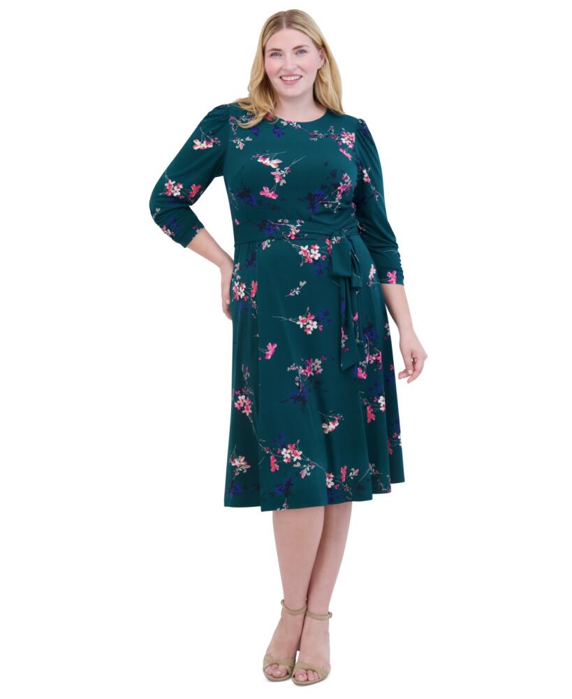 Jessica Howard Plus Size Printed 3/4-Sleeve Belted Midi Dress - Green Cover