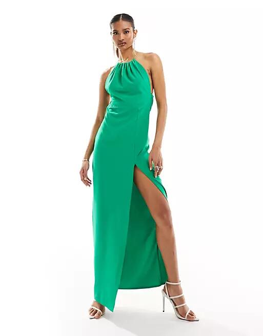 Vesper halterneck cross back maxi dress in green Cover