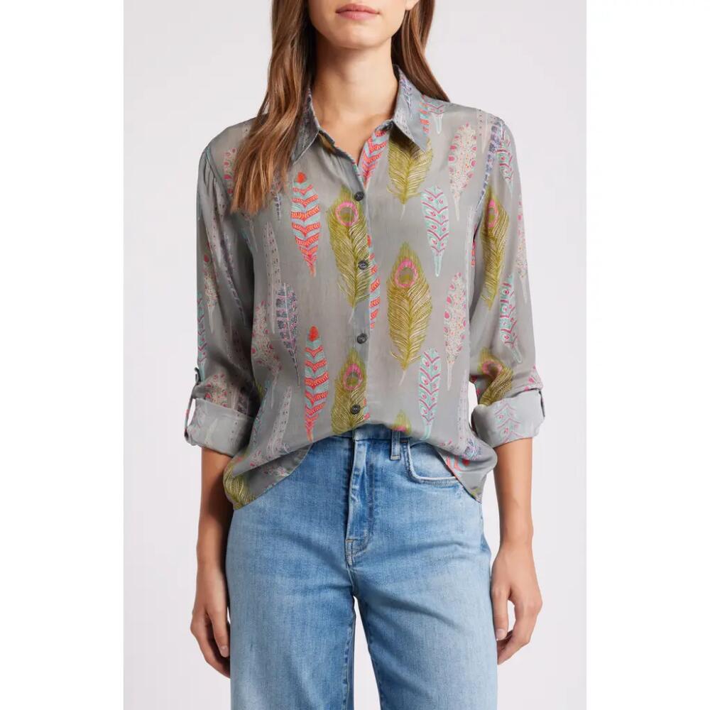 APNY Feather Print Button-Up Shirt in Grey Multi Cover