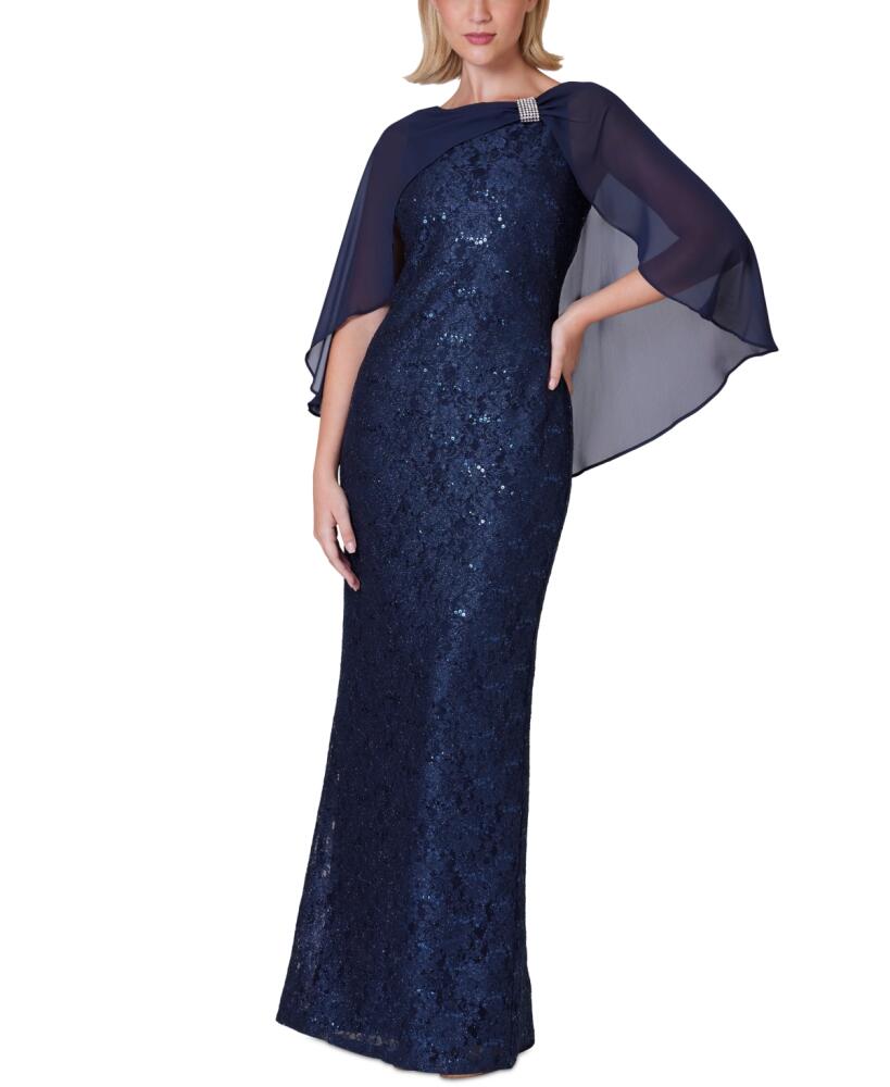 Jessica Howard Women's Chiffon Capelet Lace Gown - Navy Cover