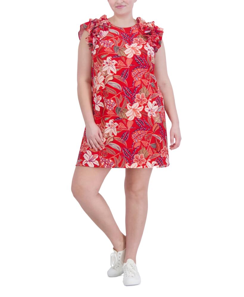 Jessica Howard Plus Size Floral Textured Ruffle-Sleeve Dress - Poppy Multi Cover