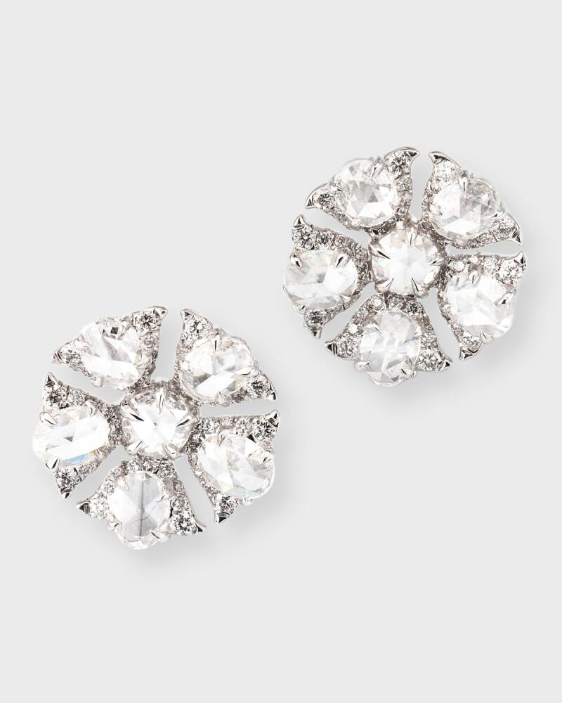 64 Facets 18K White Gold Tulip Stud Earrings with Oval and Round Rose Cut Diamonds, 1.7tcw Cover