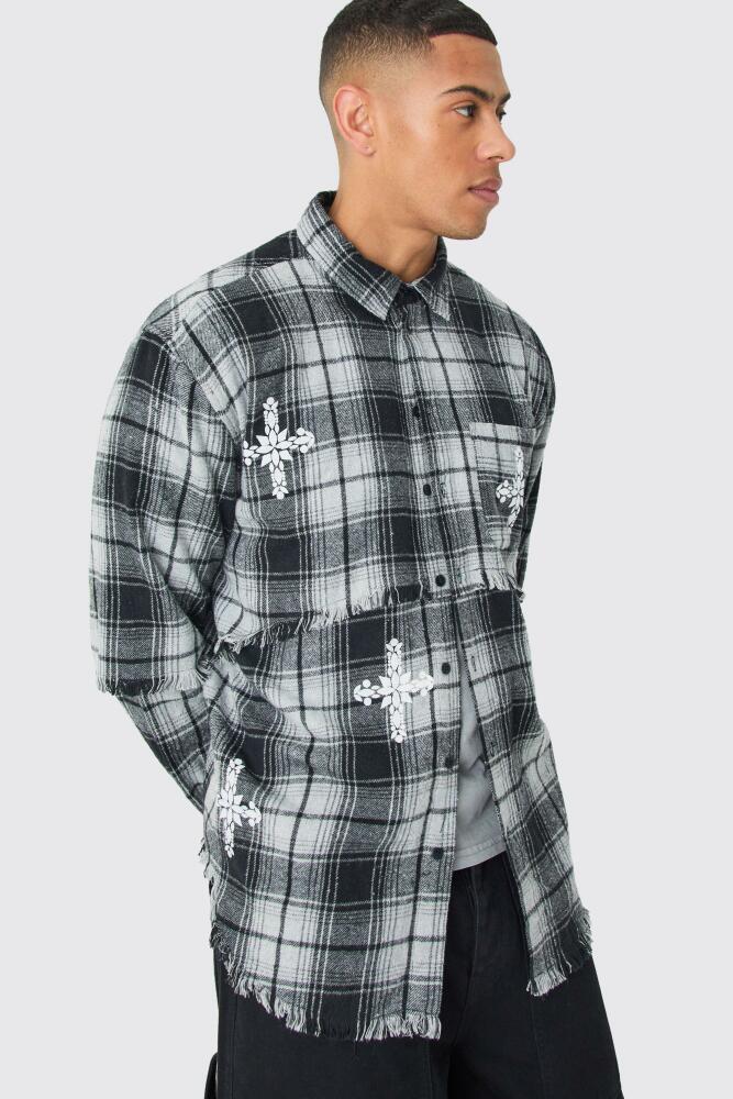 boohoo Mens Oversized Layered Print Flannel Shirt - Grey Cover