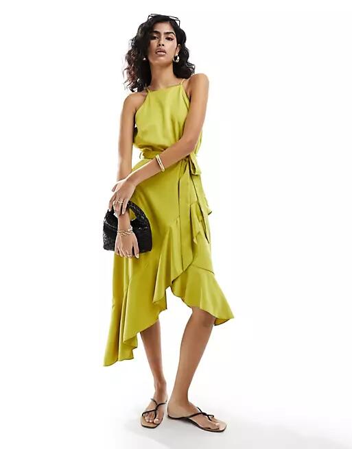 Style Cheat halterneck cami midi dress with tie waist in lime-Green Cover