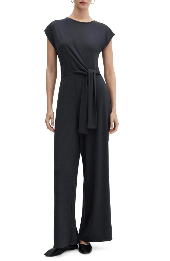 MANGO Tie Waist Faux Wrap Wide Leg Jumpsuit in Charcoal Cover