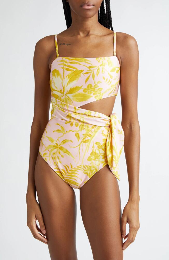 Zimmermann Golden Floral Print Scarf Tie One-Piece Swimsuit in Pink/Gold Floral Cover