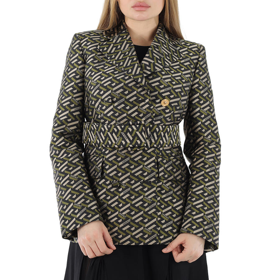 Versace Ladies Greca Logo Print Belted Blazer Cover