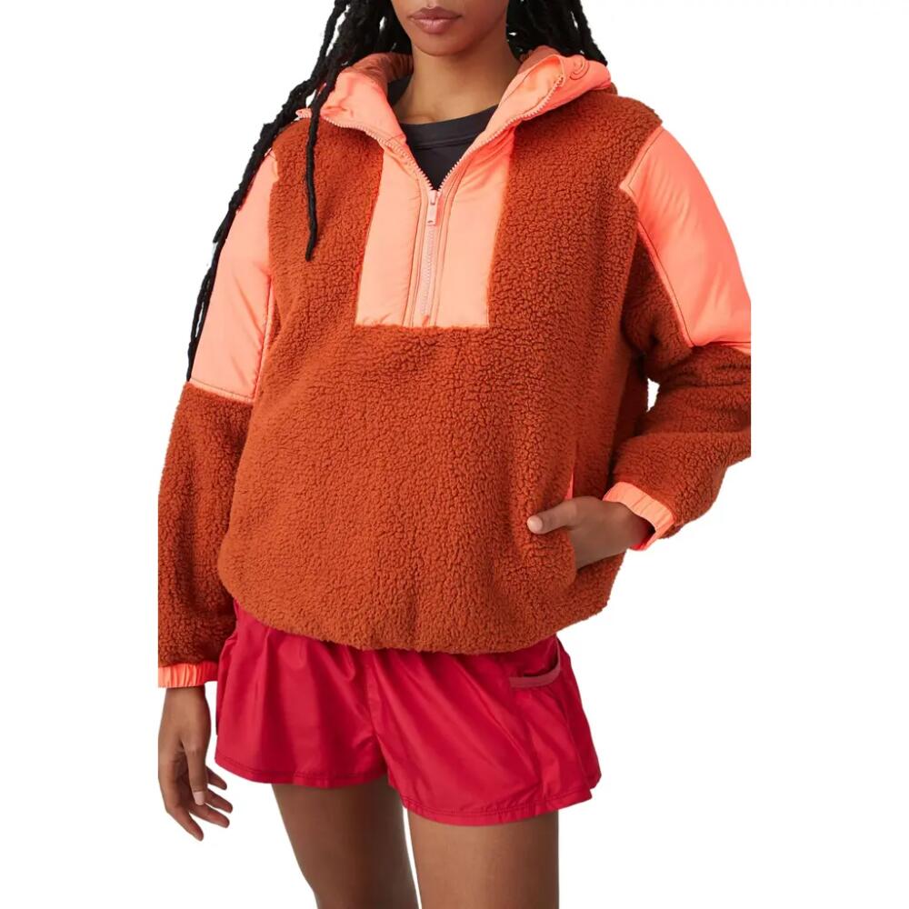 FP Movement by Free People Lead the Pack Fleece Hooded Pullover in Neon Coral Combo Cover