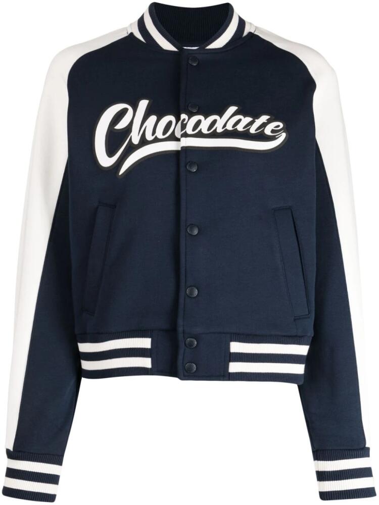 CHOCOOLATE logo-print stripe-trim bomber jacket - Blue Cover