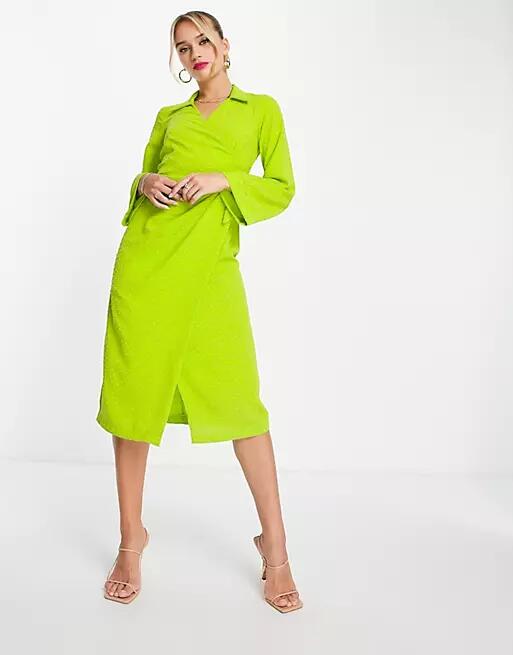 Closet London wrap shirt midi dress in lime-Green Cover