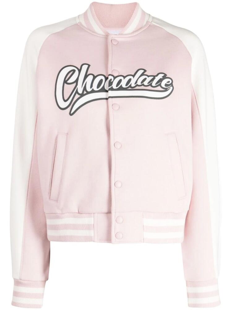 CHOCOOLATE logo-print stripe-trim bomber jacket - Pink Cover