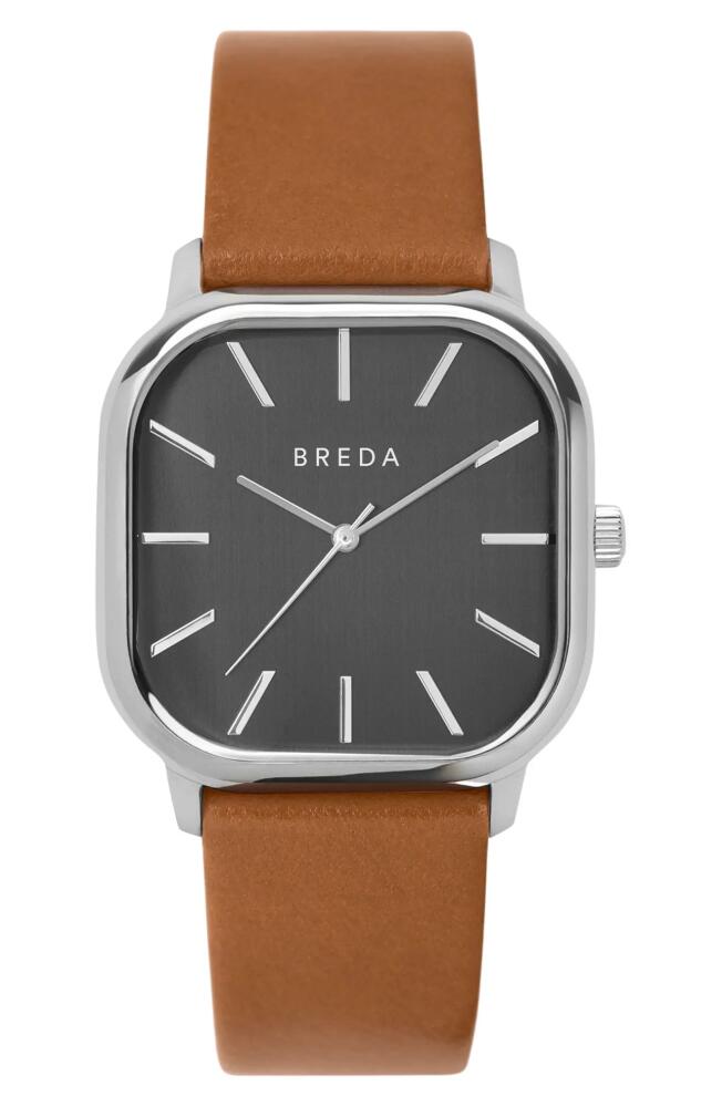 BREDA Visser Square Leather Strap Watch, 35mm in Brown/Grey/Silver Cover