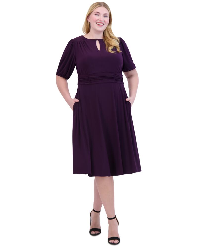 Jessica Howard Plus Size Keyhole-Neck Ruched-Waist Dress - Plum Cover