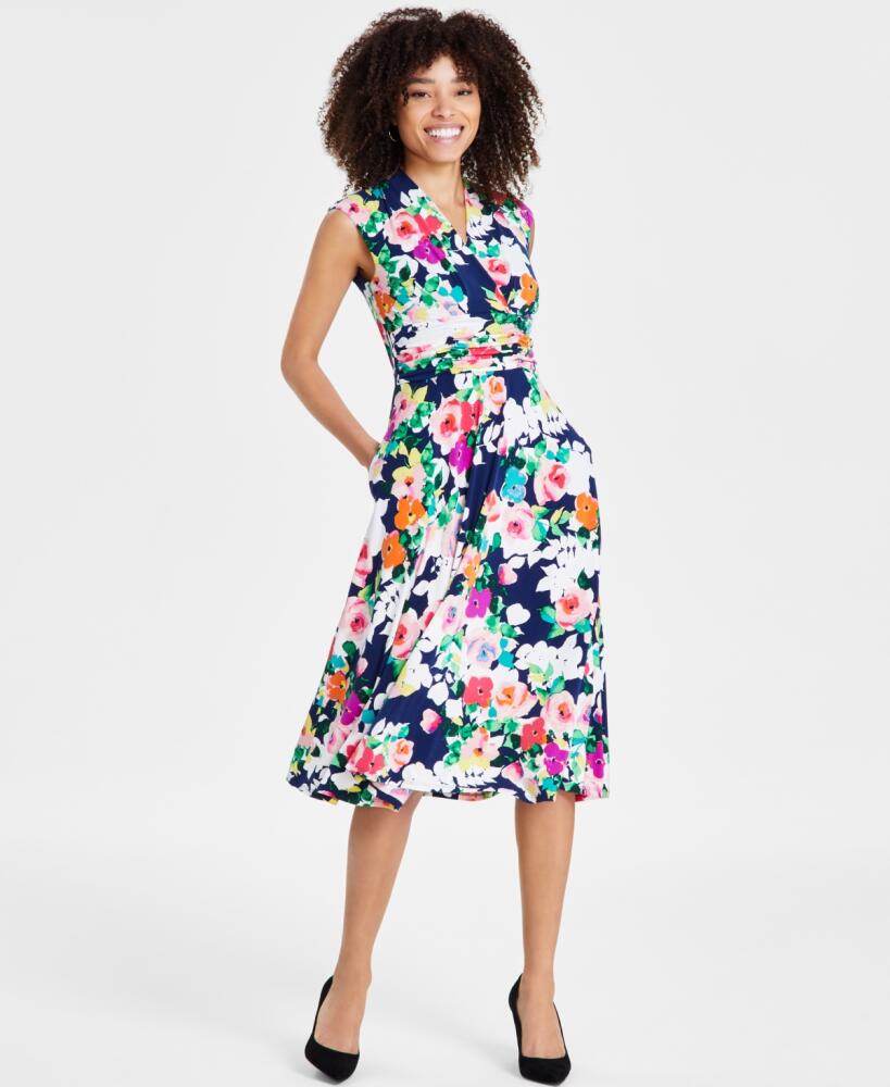 Jessica Howard Petite Floral Surplice-Neck Dress - Navy/Ivory Cover