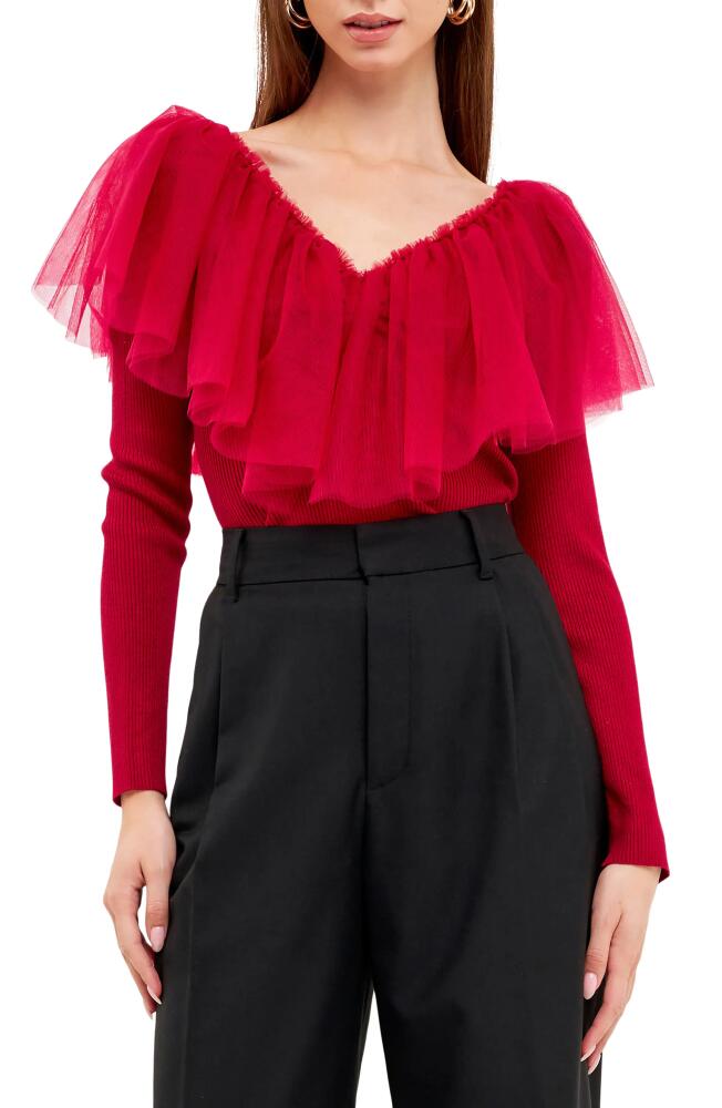 Endless Rose Pleated Ruffle Mesh Mixed Media Top in Cherry Cover